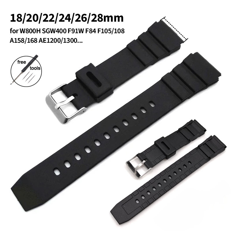 Pulseira De Relógio De Silicone Macio 18mm 20mm 22mm 24mm 26mm 28mm Para Casi W800H SGW400 F91W F84 SGW400 AE1200/1300 B