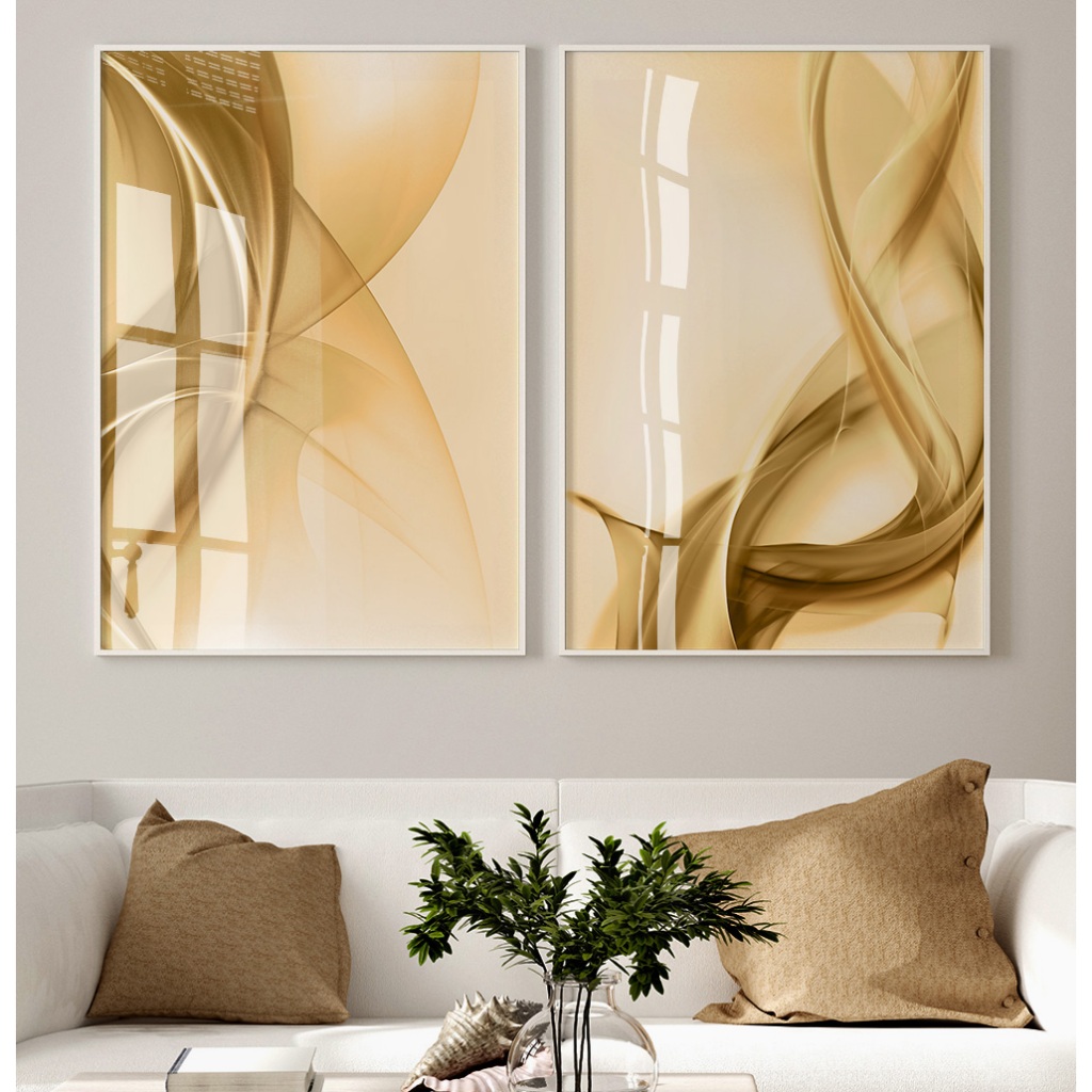 Quadros Decorativos Com Moldura Sala Quarto Escritório Kit Abstrato Fios de Fumaça Tons Dourados