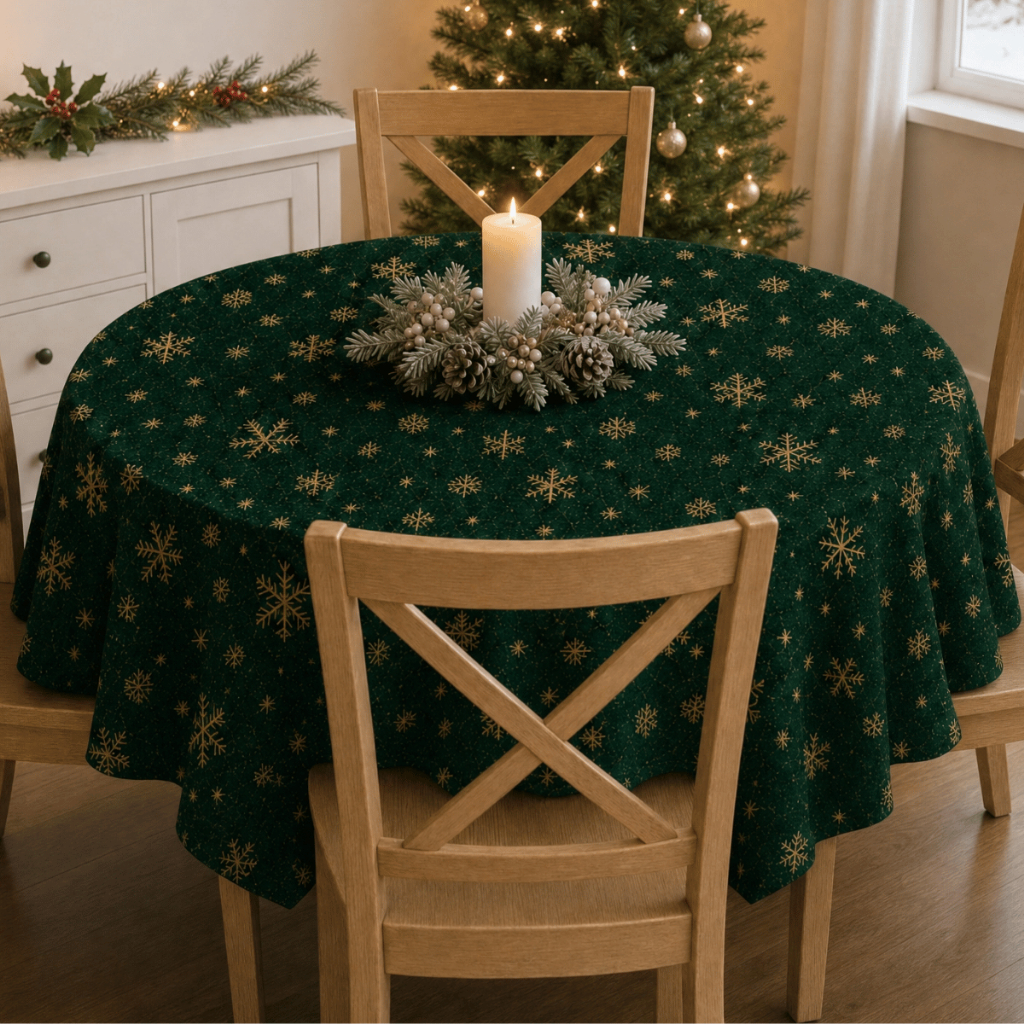 Toalha Redonda Oxford Fios Dourados 4 Lugares Premium 1,50m Natalina para Mesa Posta e Jantar
