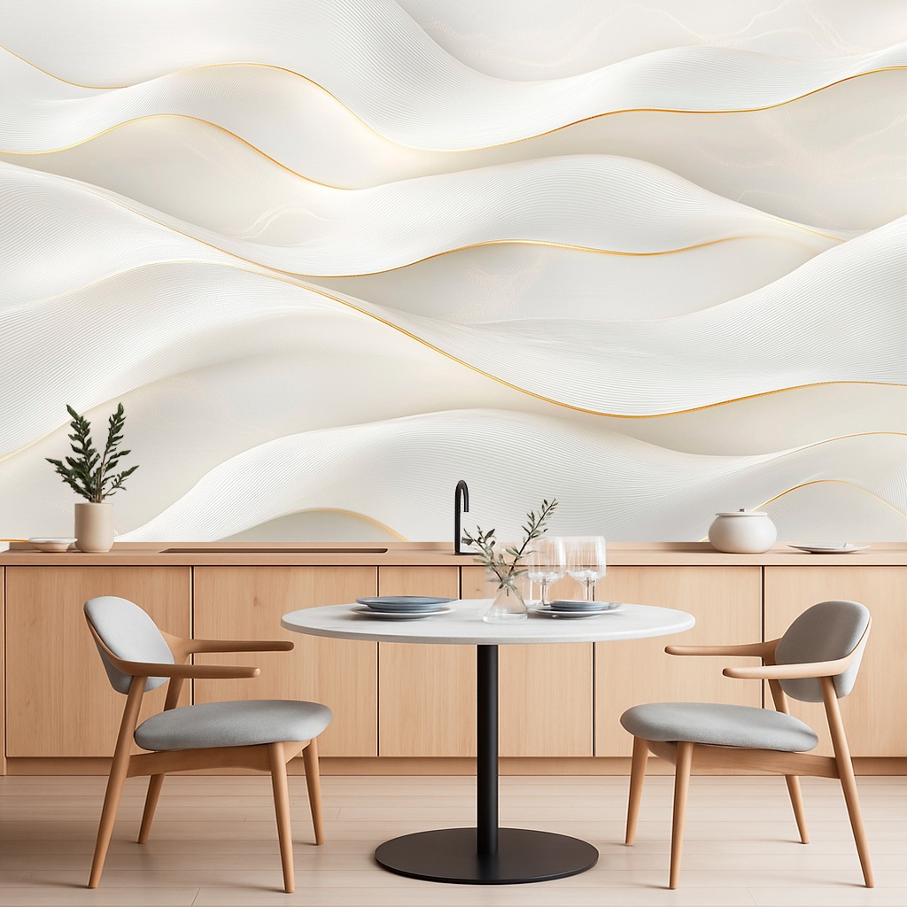Papel De Parede Adesivo Para Sala Quarto Escritorio Ondulaçoes Branco Neve Fio Dourado Lavavel 3D