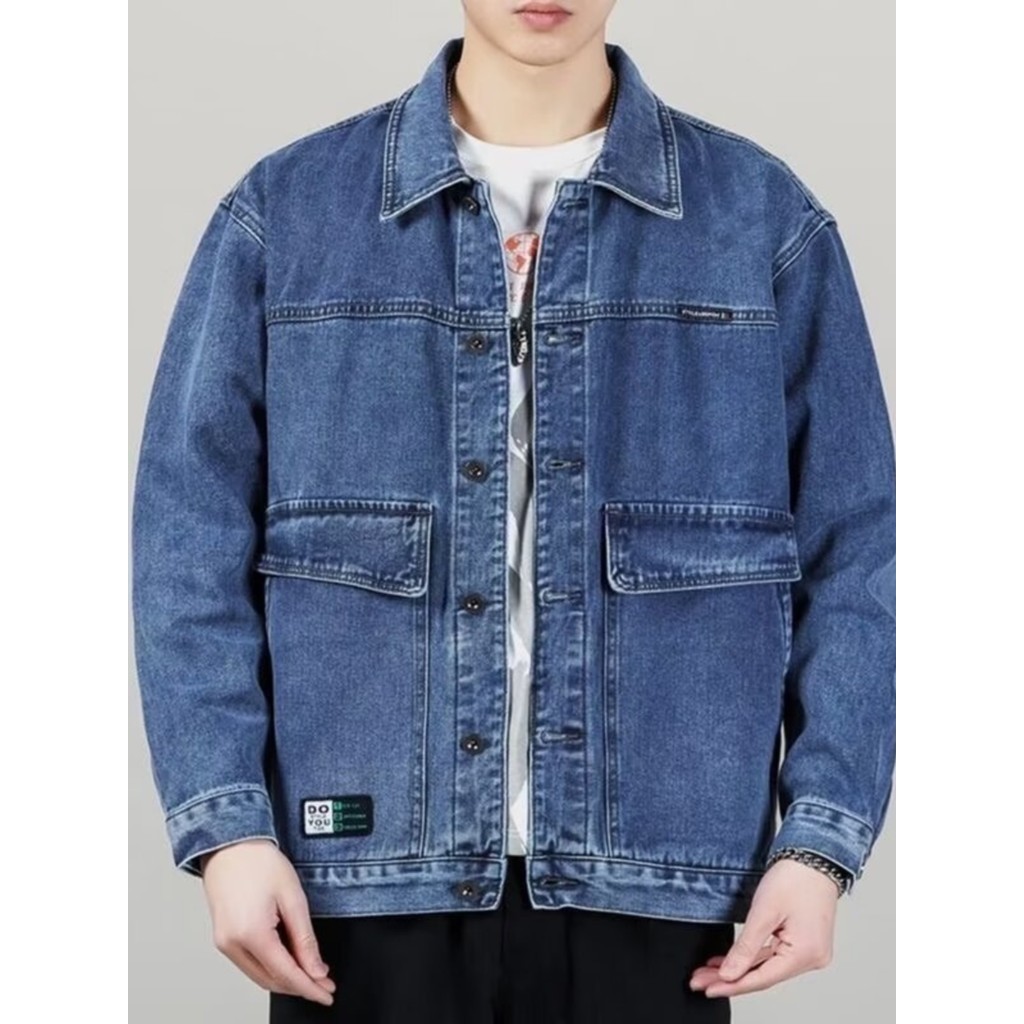 Jaqueta jeans lavada estilo Hong Kong masculina primavera outono Multi-bolso tamanho grande solto Casual Top macacão jap