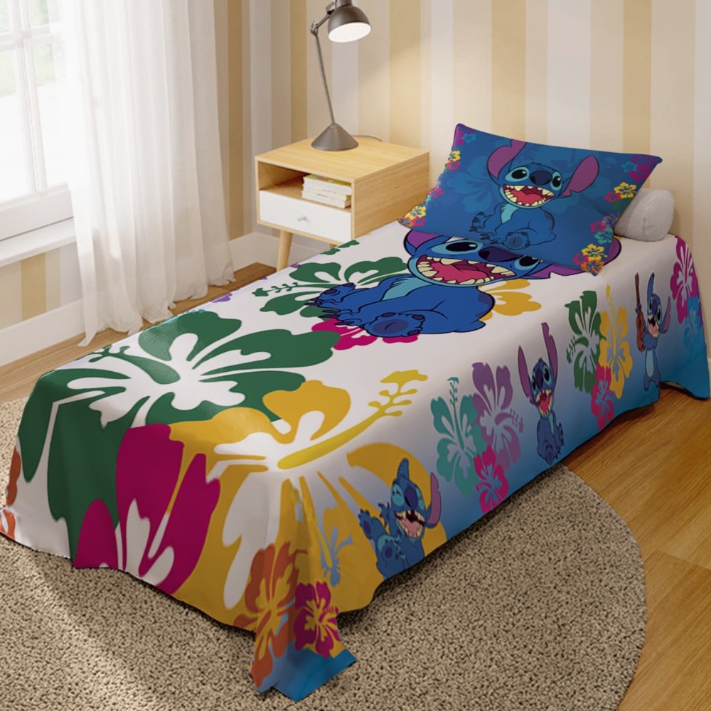 Jogo De Lençol Cobre Leito + Fronha Quarto Infantil Stitch branco