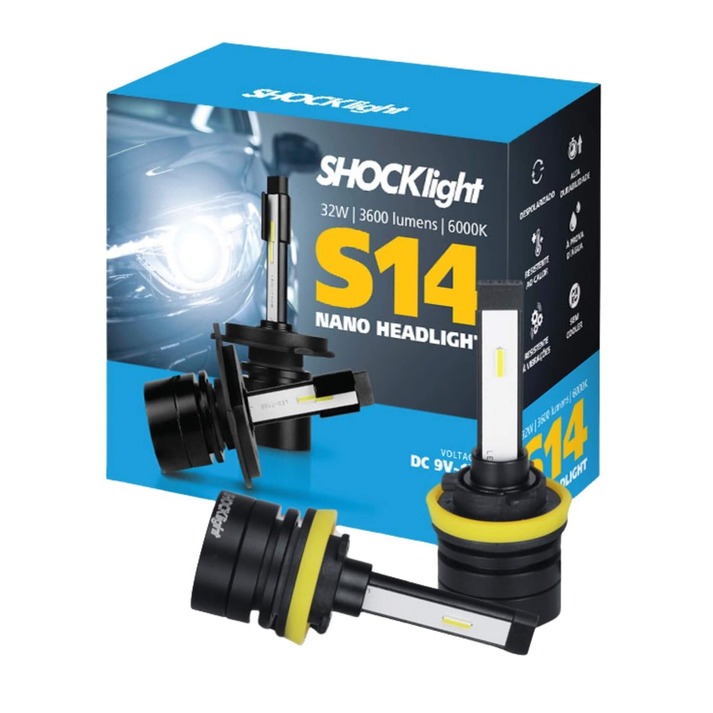 Par de Lâmpadas LED Headlight S14 Nano H8/H9/H11/H16 6000K 32W 3600LM 12V Shocklight SLL-140011