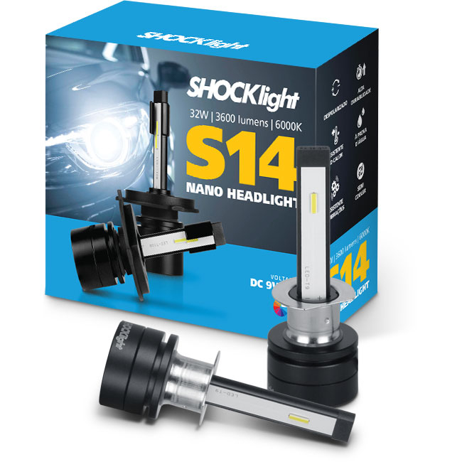 Lâmpada Super Led Shocklight S14 Nano H1 H3 H4 H7 H8 H9 H11 H16 H27 HB3 HB4 6000K 12V 32W 3600Lm