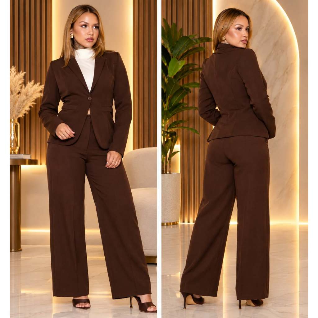 Conjunto  Alfaiataria Premiun Feminino Blazer e Calça Pantalona com Ziper com Elástico Trabalho