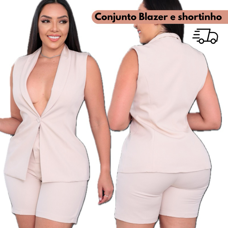 Conjunto de Alfaiataria Feminino Blazer Sem Mangas e Shortinho com Bolsos - Tamanhos M ao GG