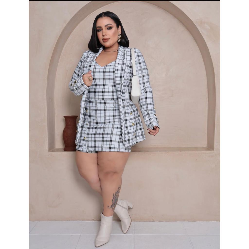 Conjunto Xadrez Max Blazer Cropped Short Saia Plus Size