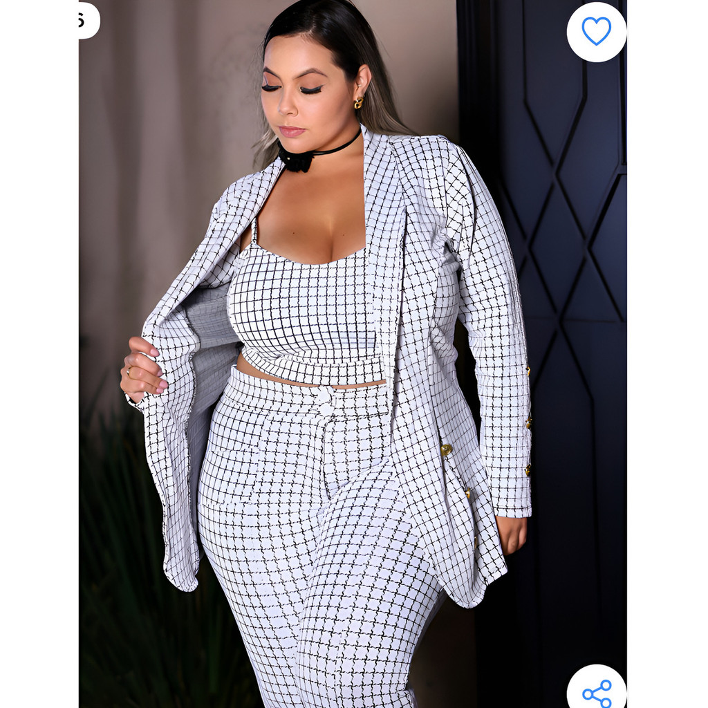 Conjunto Plus Size Xadrez Max Blazer Cropped E Calça