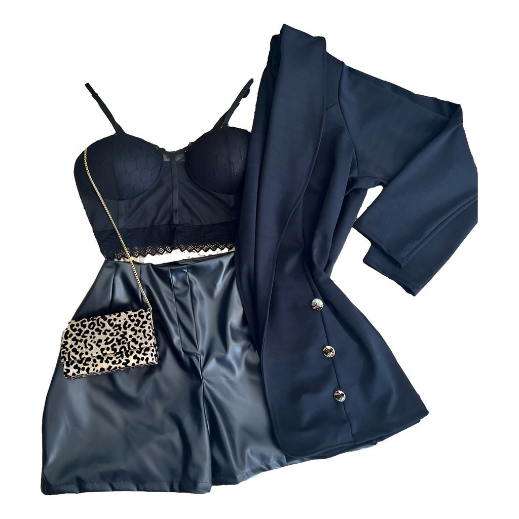 Conjunto Cropped Moda + Blazer + Short Couro Lançamento Plus