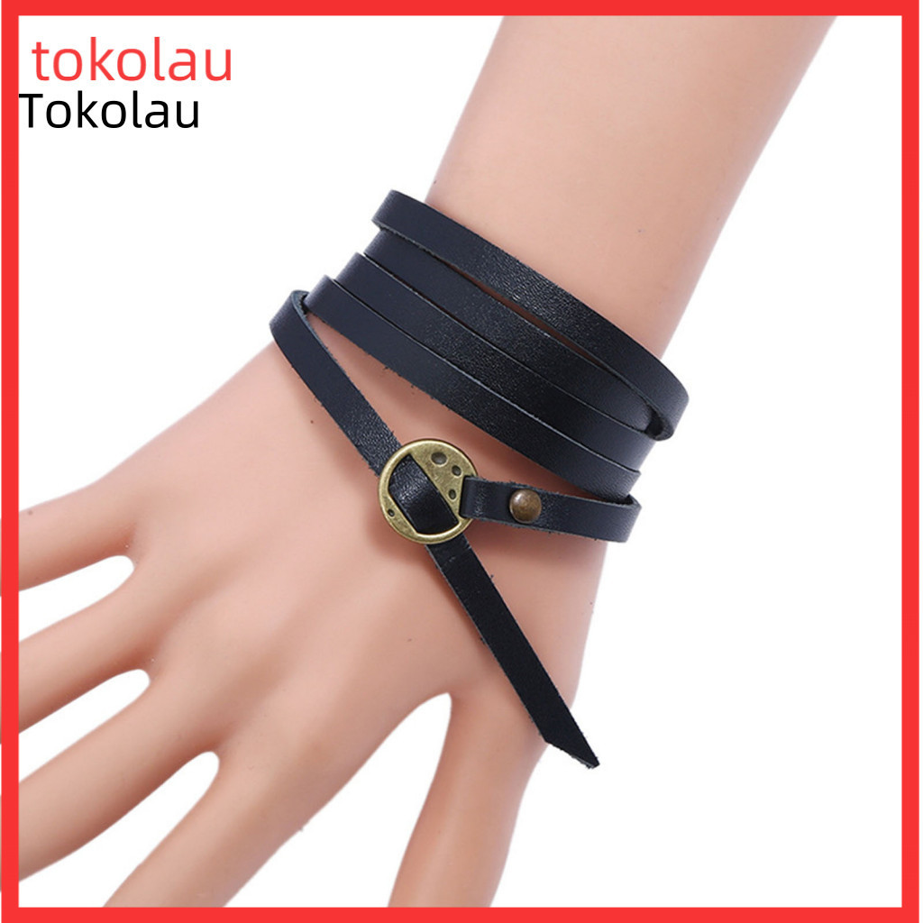 Punk Belt Bangle Wristband Vintage Multilayer Faux Leather Bracelet for Men Adjustable with Buckle and Letter Design Sty