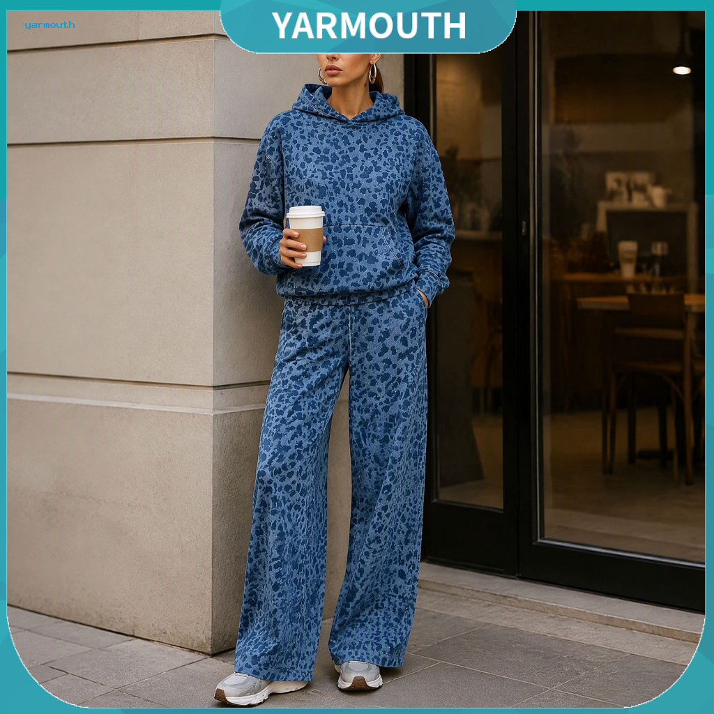 Womens Leopard Print Hoodie Set Loose Fit Lounge Sets Women’s Wide Leg Pants – Two-piece Outfit with Kangaroo Pocket