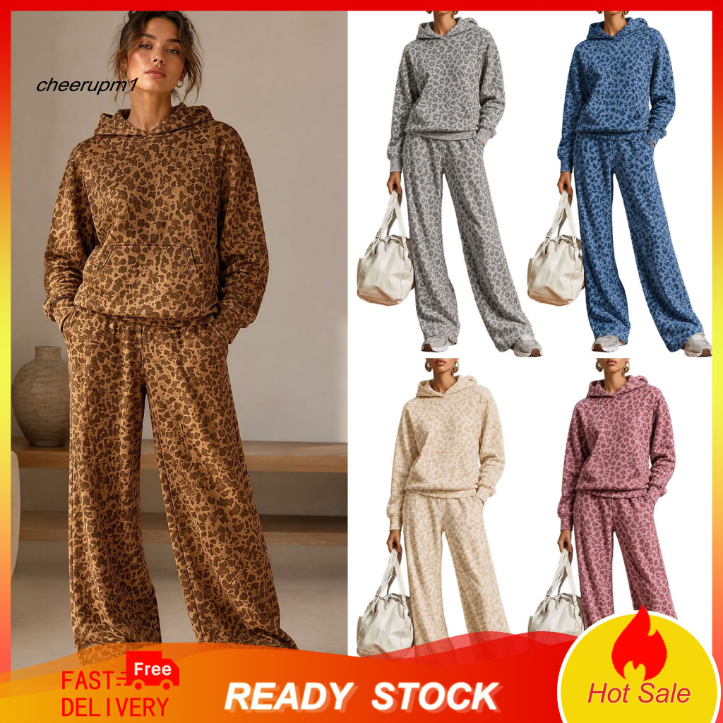 Womens Leopard Print Hoodie Set Loose Fit Wide Leg Sweatpants Women’s Pants – Two-piece Lounge Outfit with Kangaroo