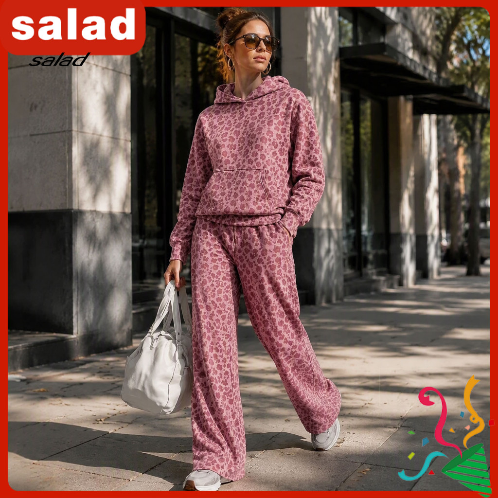Women Two Piece Loungewear Lightweight Set Women’s Leopard Print Hoodie Wide Leg Pants – Two-piece Lounge Outfit wit