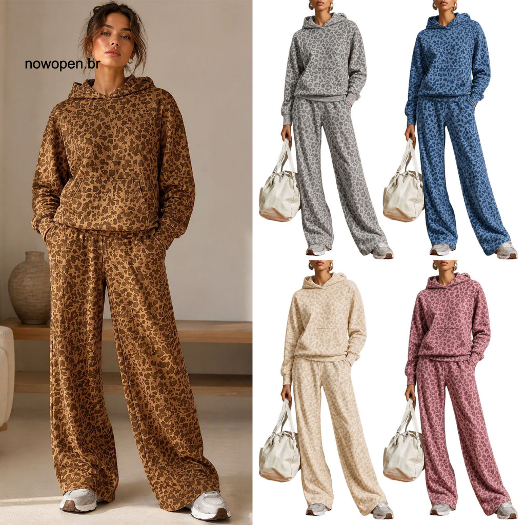 Loose Fit Wide Leg Sweatpants Womens Leopard Print Hoodie Set Women’s Pants – Two-piece Lounge Outfit with Kangaroo