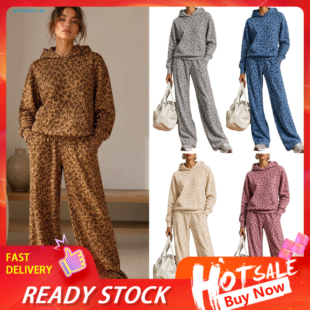 Lightweight Two Piece Set Womens Leopard Print Hoodie Women’s Wide Leg Pants – Two-piece Lounge Outfit with Kangaroo