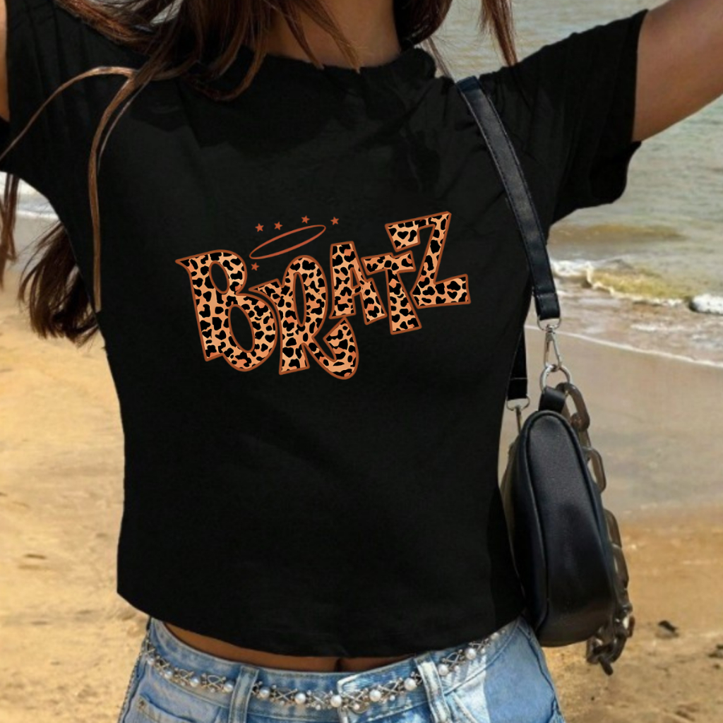 T-shirt Feminina Baby Tee Bratz Leopard Print Aesthetic Core Streetwear Casual