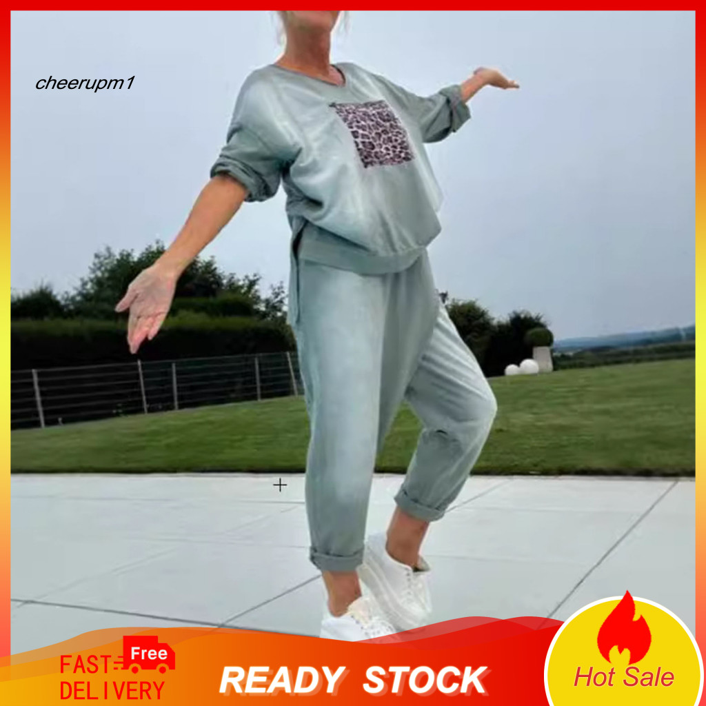 Women Leopard Print Suit Loose Fit 2 Pcs Tracksuit Set Round Neck Long Sleeve Sweatshirt Elastic Waist Sweatpants Sport