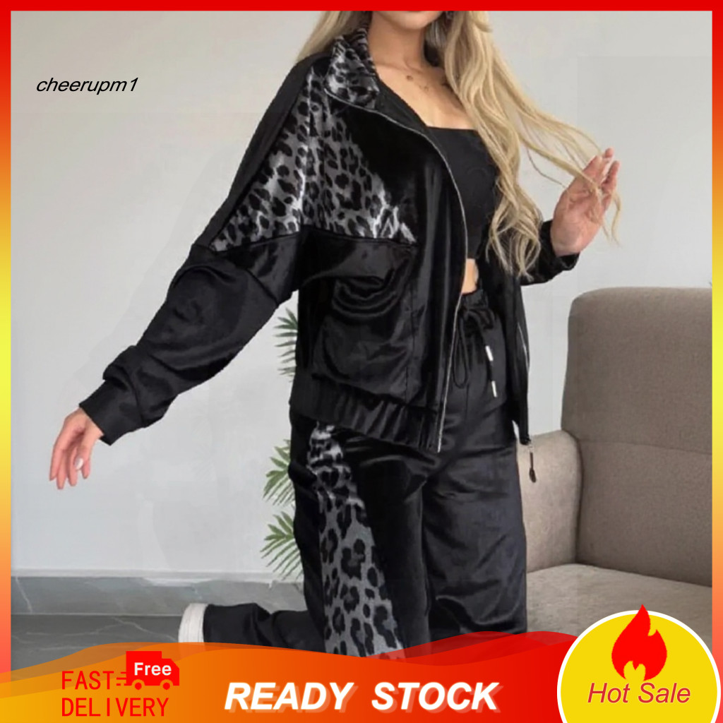 Two-piece Velvet Set Leopard Print Outfit Women’s Tracksuit – Zip-up Sweatshirt Sweatpants with Pockets Comfortable