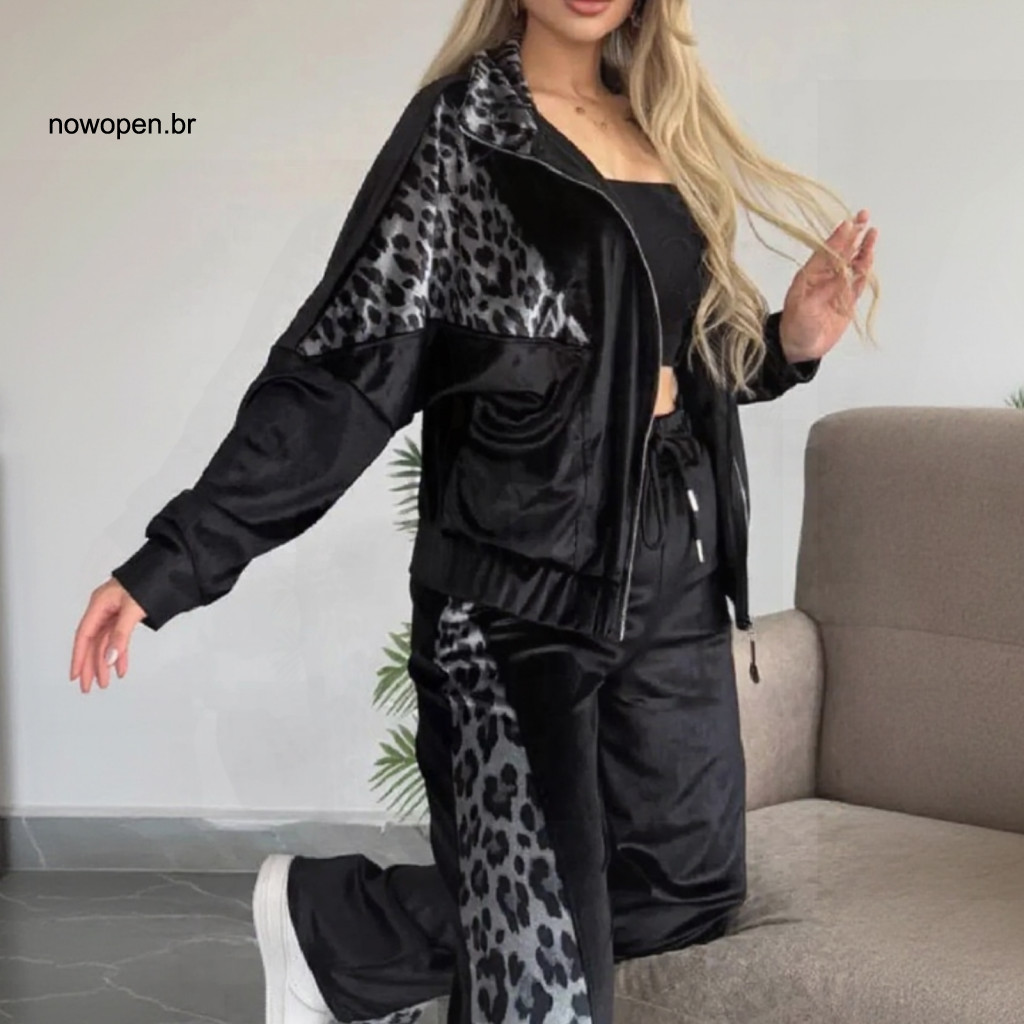 Elastic Two-piece Suit Velvet Set Women’s Leopard Print Tracksuit – Zip-up Sweatshirt Sweatpants with Pockets Comfor