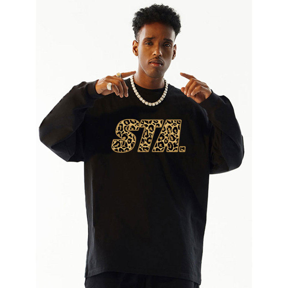 STA Leopard Print Letter Printing National Street Wear Estilo Americano Puro Algodão Camiseta de Manga Comprida Homens M