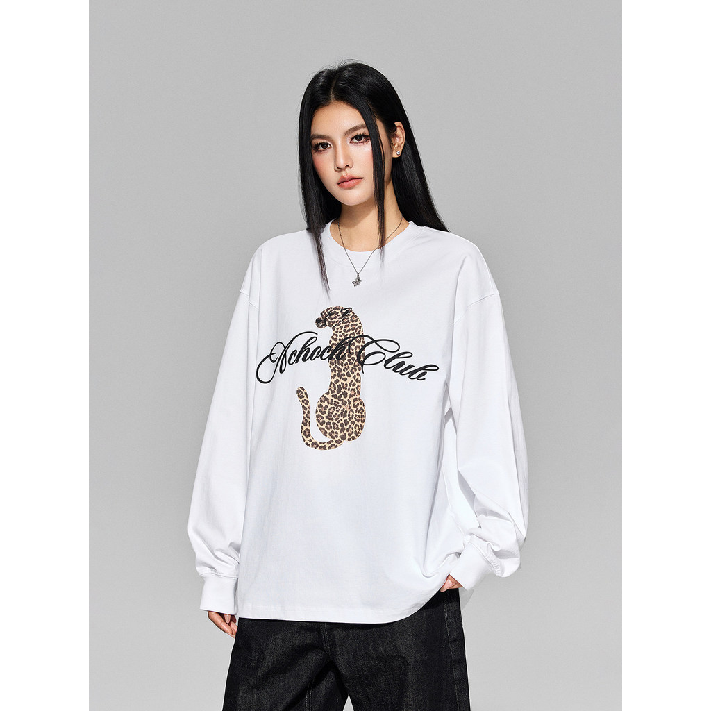 [Achock Official Store] American Street Leopard Print Bottoming Top Primavera Novo Estilo Camiseta Masculina de Manga Co