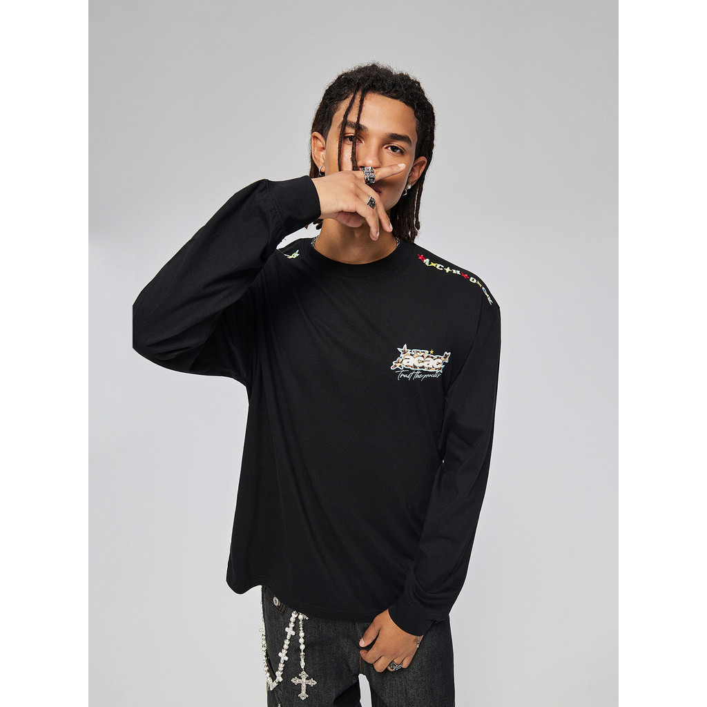[Achock Official Store] Retro acac Leopard Print Star Bordado Camiseta de manga comprida Novo estilo High Street Bottomi