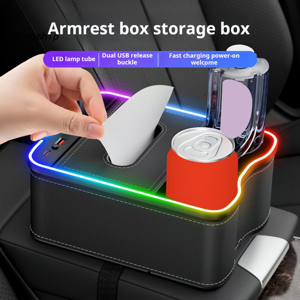 Car Armrest Compartment Multi-functional Organizer Storage Box with Usb Charging Ports Multi-mode Led Lights Capacity Au