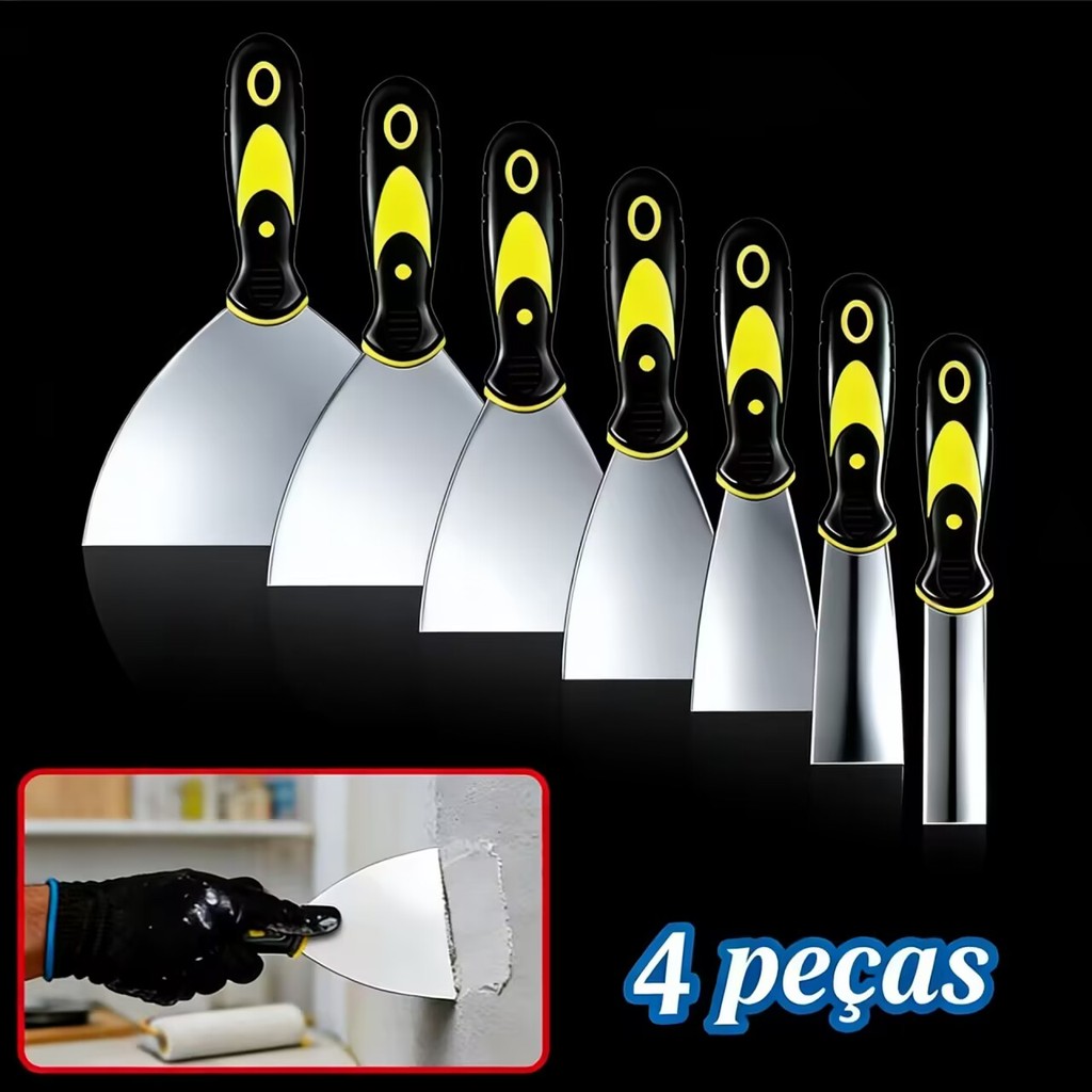 Kit 4 Espátulas de Aço Inox Profissional com Cabo Emborrachado – Tamanhos 2