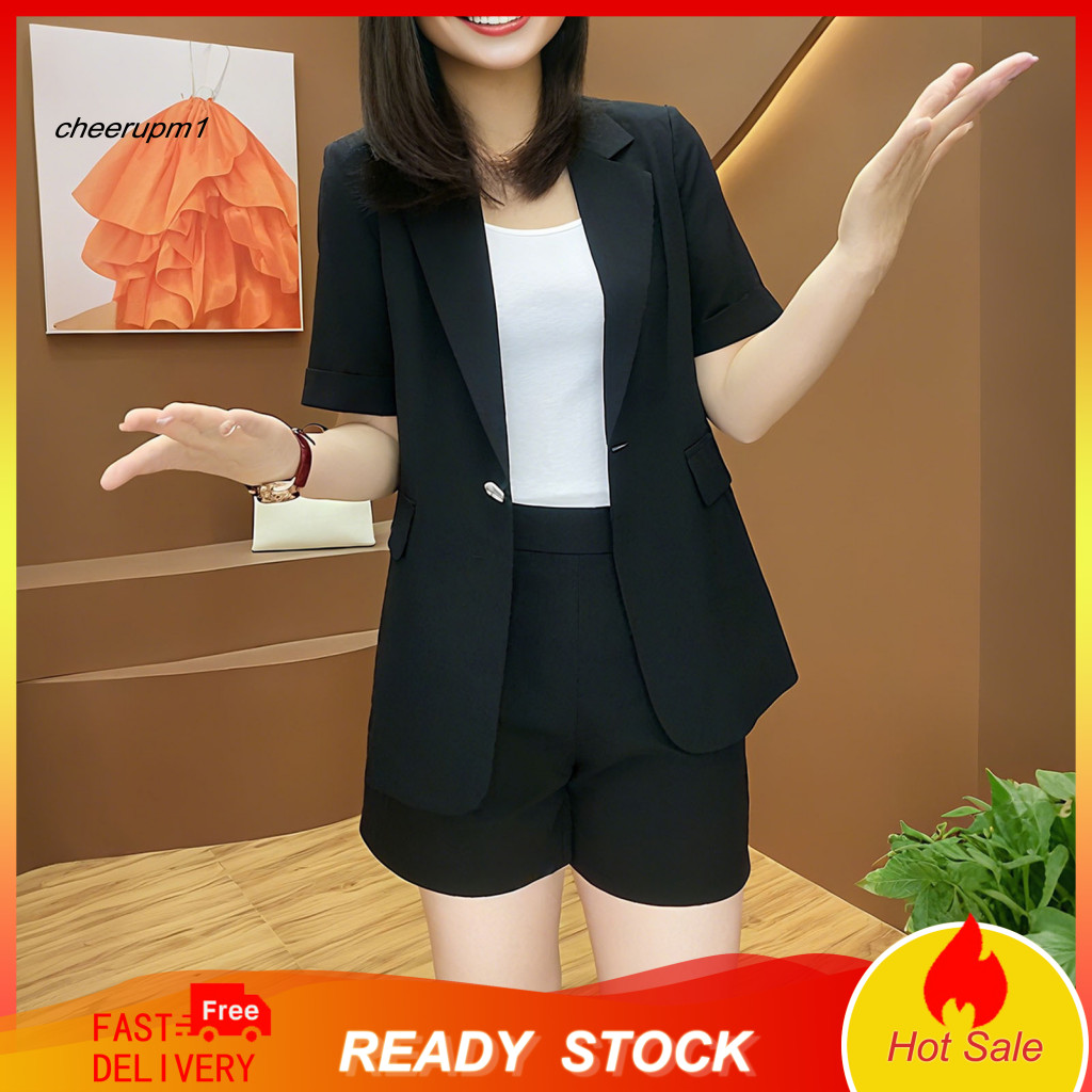 Elastic Soft Summer Set Two Piece Polyester Fiber Women's 2 Blazer Casual Short Sleeve Open Front Shorts One Button Jack