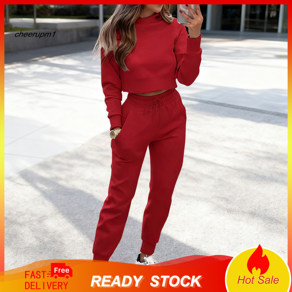 Polyester Spandex Set Women Two Piece Outfit Women's 2 Outfits Long Sleeve Crop Top Drawstring Sweatpants Casual Fall Lo