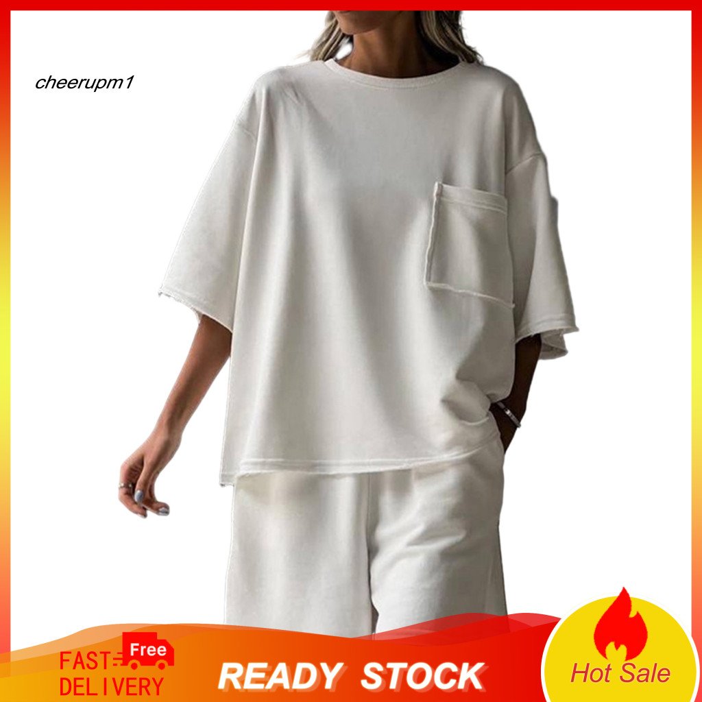 Polyester Fabric Outfit Women Two-piece Set Women’s Summer 2-piece Crew Neck Short Sleeve Top Elastic Waist Shorts Lou