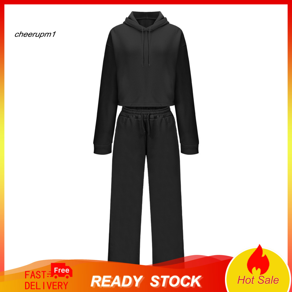 Women Polyester Two Piece Outfit Breathable Set 2 Long Sleeve Crop Hoodie Sweatpants Pullover Sweatsuit with Pockets for