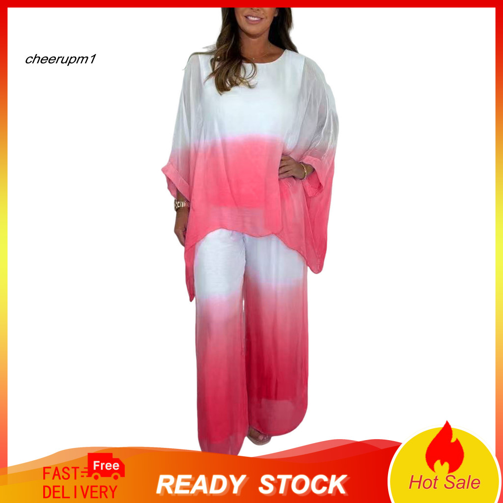 Comfortable Autumn Fashion Set Women Polyester Two-piece Summer Chiffon Gradient 2-piece for Plus Size – Crew Neck Top