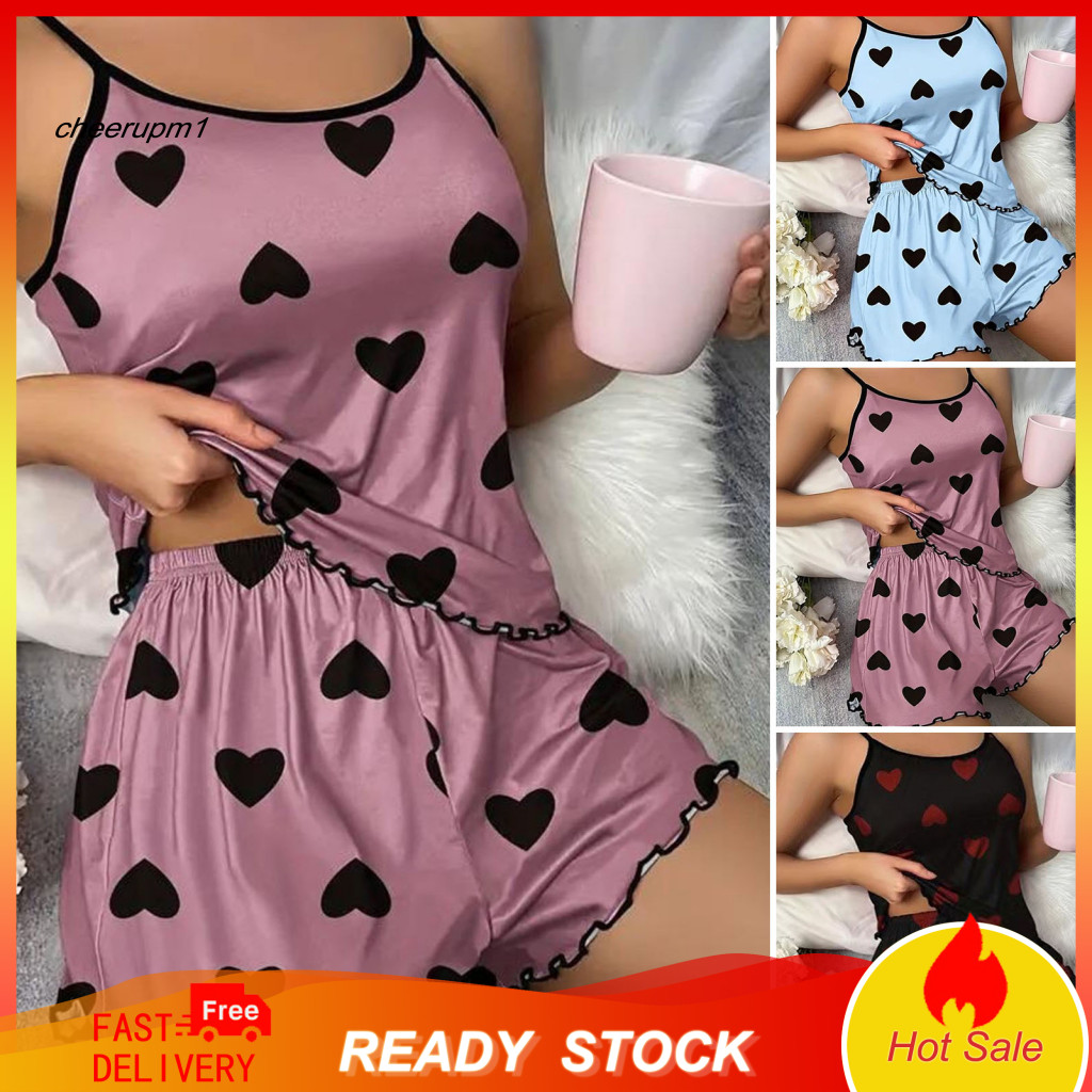 Polyester Pajamas Women Pajama Set Women’s Summer Heart Print Tank Top Ruffle Shorts Lightweight Two-piece Sleepwear L