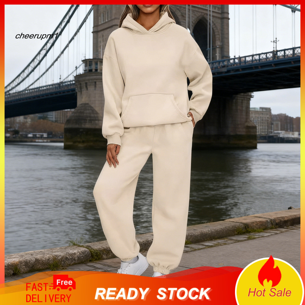 Women Outfit Polyester Spandex Top Women’s 2-piece Lounge Set – Long Sleeve Hoodie Sweatpants Fall Tracksuit with Po