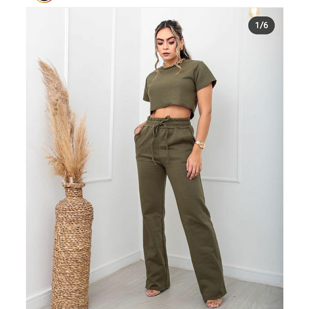Conjunto Feminino Moletinho com calça Pantalona + Blusinha Cropped Modelo cores vivas Tamanhos P/M/G/GG LINDO DEMAIS.
