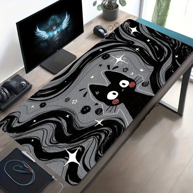 Mouse Pad Para Cinza Com Estampa de Gato Preto e Estrelas Gatinho Fofo Cute Para Mesa