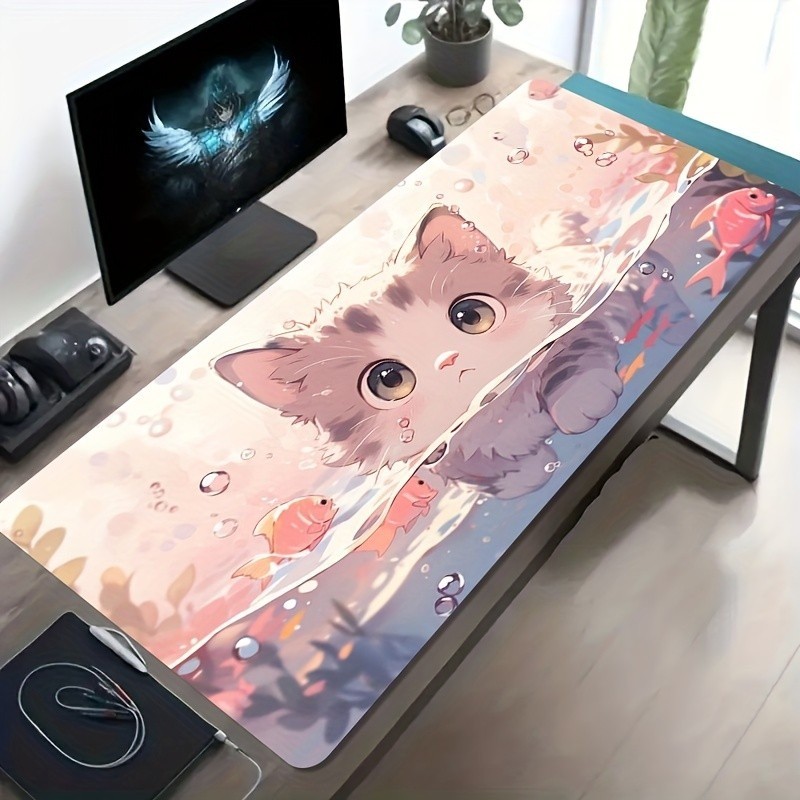 Tapete Mouse Pad Com Estampa Sonhadora de um Gato Fofo Brincando com Peixes