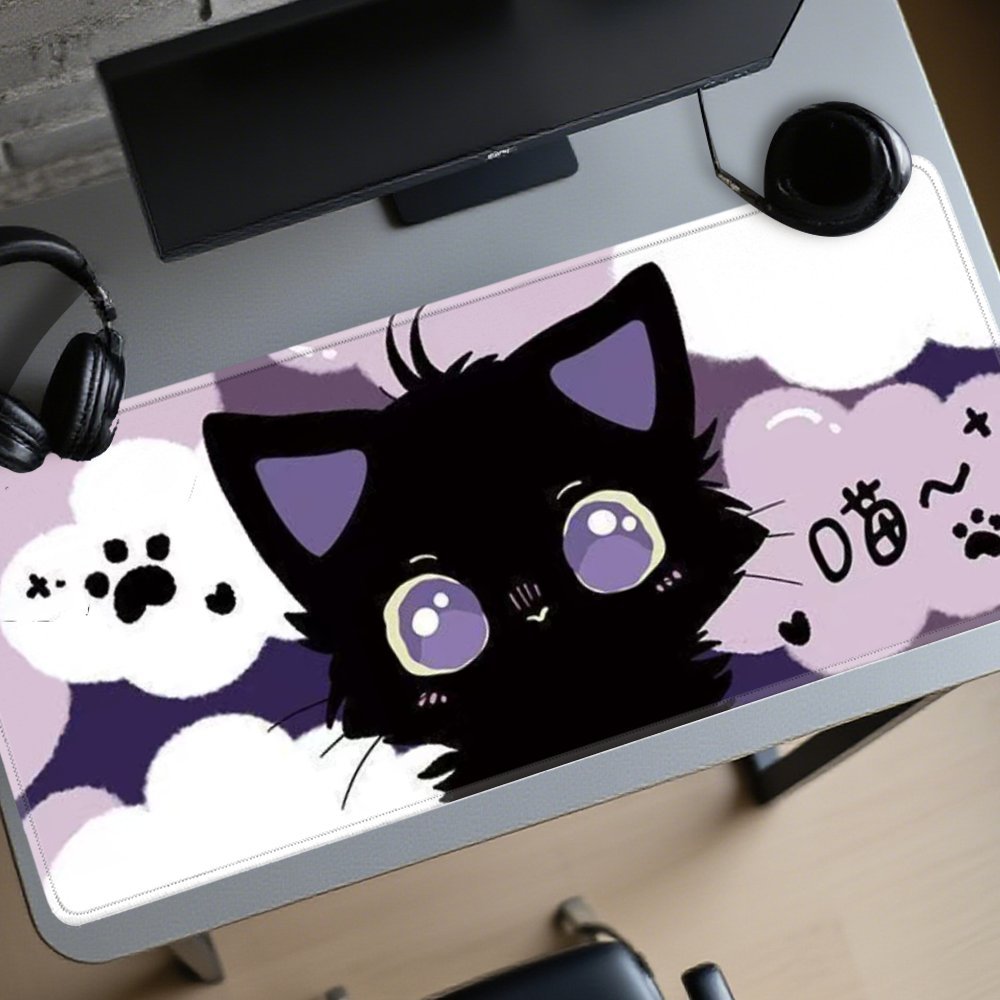 Mouse Pad Gamer Gato Preto Kawaii Anime Bonito com Olhos Roxos Fofinho Para Presentear