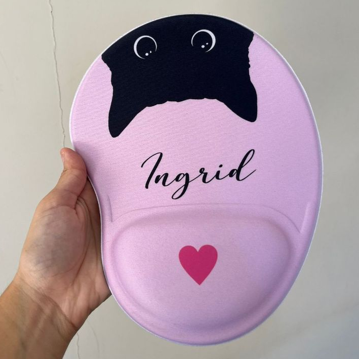 Mouse Pad Personalizado Ergonômico Com Nome  Com Apoio de Pulso Estampa de Gato Gatinho Preto