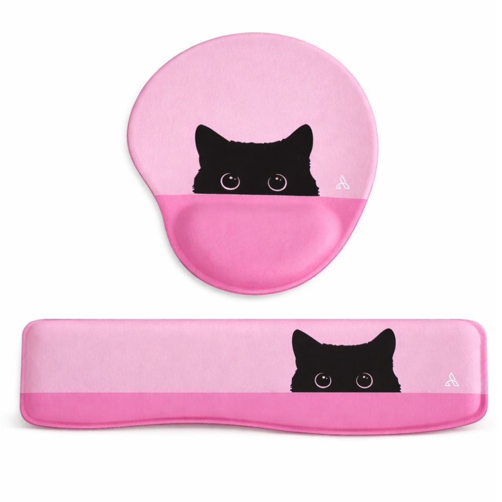 Kit Ergonômico Mouse Pad + Apoio Teclado Rosa Rosto Gato