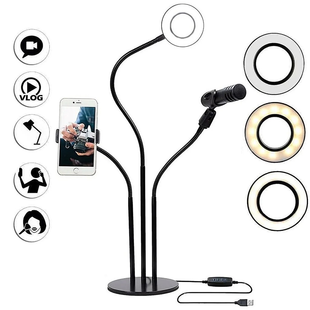Iluminador Ring Light Led Circular 3x1 Completo Com Suporte Para Celular Smartphone De Mesa