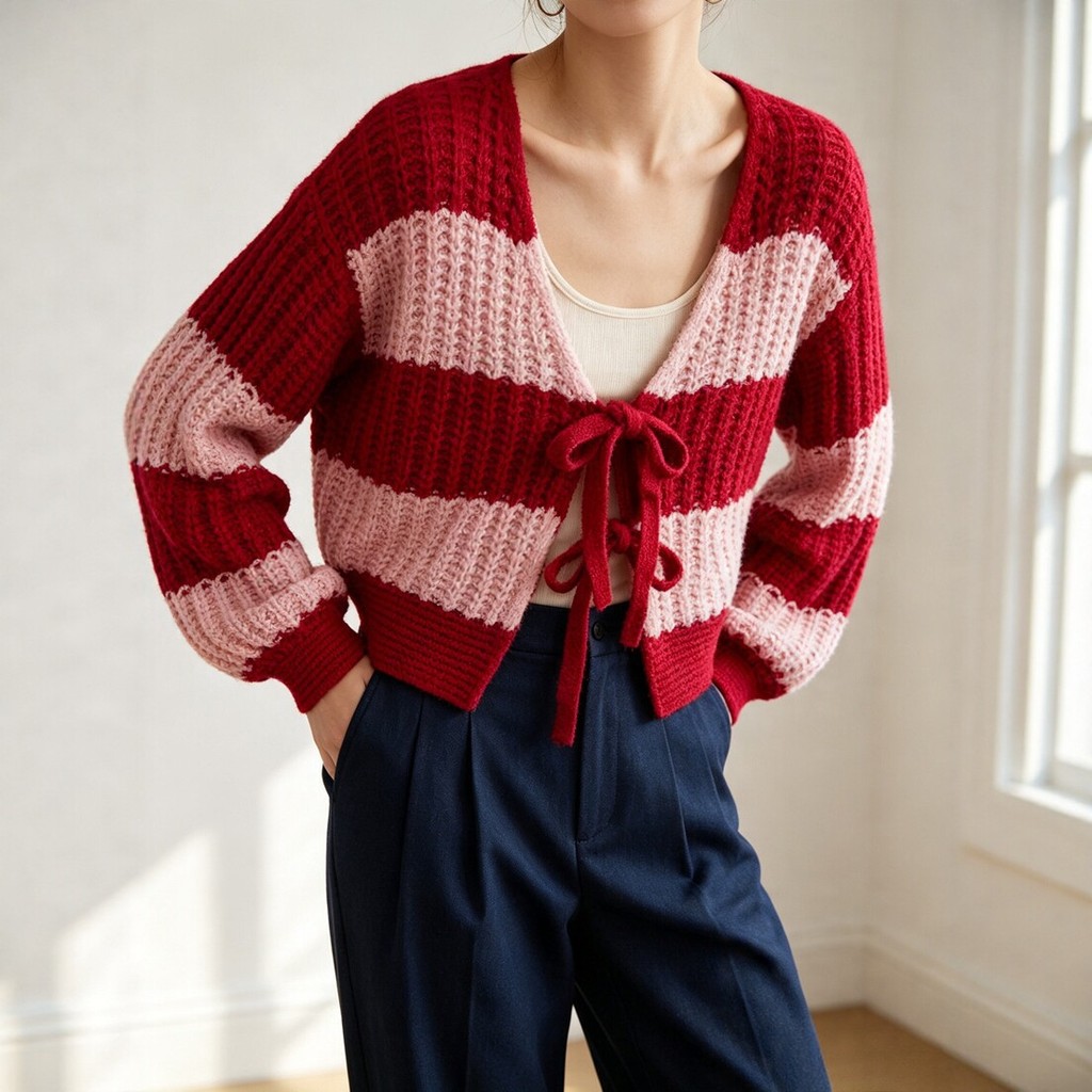 Primavera outono roupas femininas contraste cor malha Cardigan solto com decote em V manga comprida listrado rendas