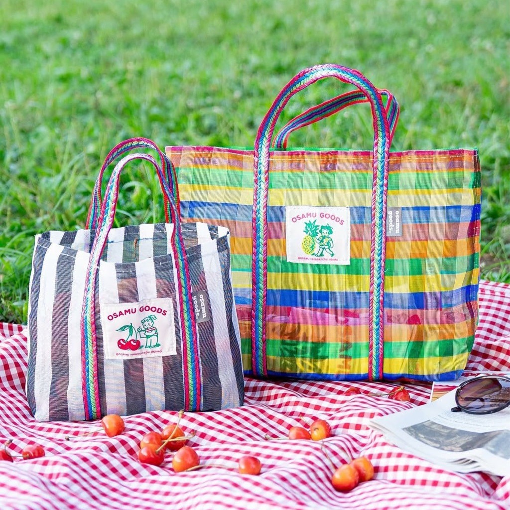 Bolsa De Malha Fofa Xadrez Listrada Cor Contraste Verão Praia Compras Sacola De Tecido Leve