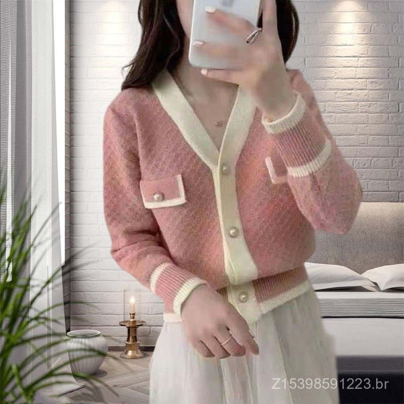 Novo estilo primavera outono inverno macio ceroso com decote em V topo contraste cor de malha Cardigan camisola jaqueta