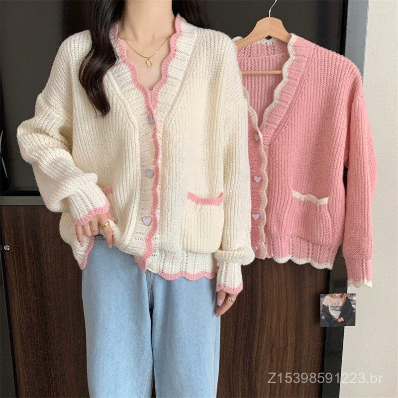 Versão coreana onda borda coração botão de malha Cardigan outono inverno novo estilo contraste cor com decote em V camis