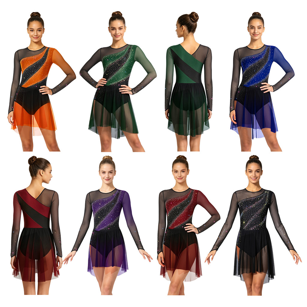 inhzoy Feminino Brilhante Dança Collant Vestido Contraste Cor Strass Gradiente Malha Saia Uma Peça Dancewear Para Patina