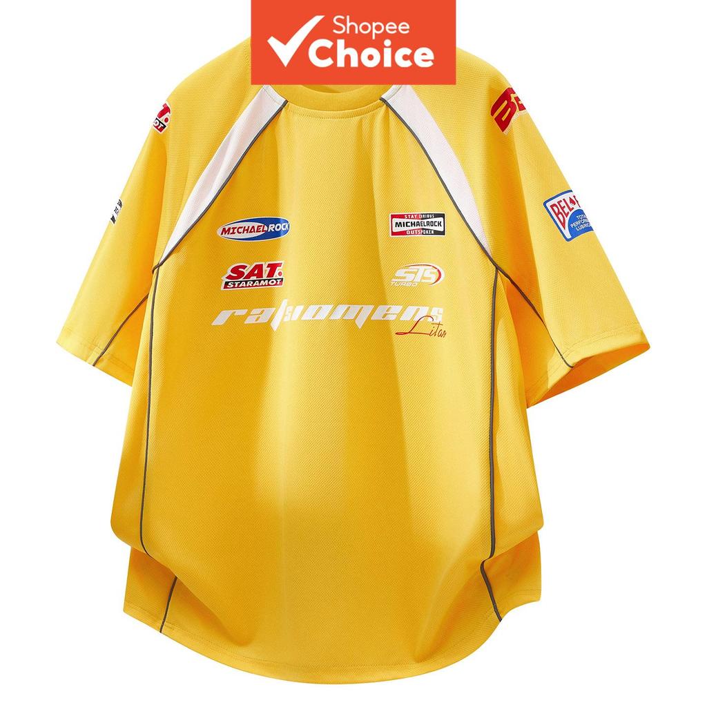 Jersey de Corrida de Motocicleta Vintage Mangas Raglan Contraste de Cor Patches de Logotipo Completo Malha Respirável
