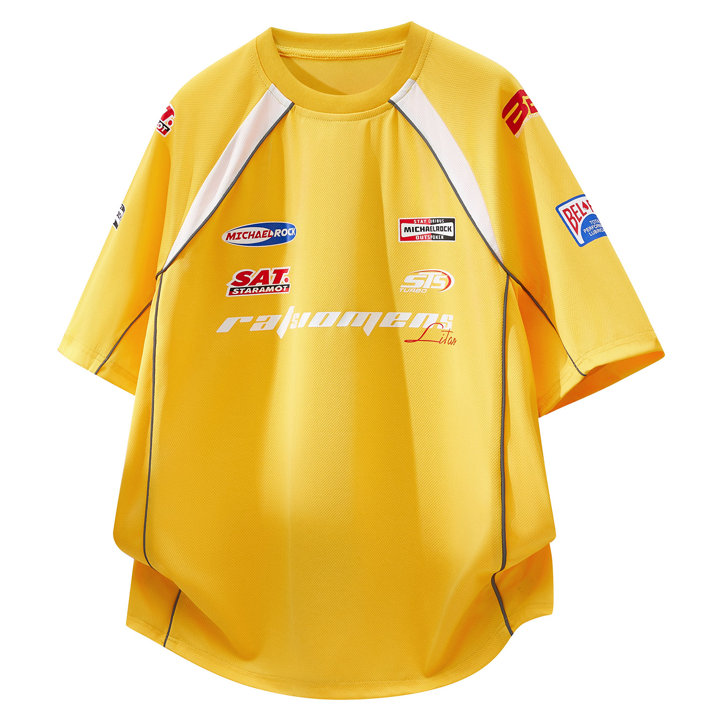 Camiseta Vintage de Corrida de Moto com Contraste de Cores, Mangas Raglan, Patches de Logo Completo, Malha Respirável,