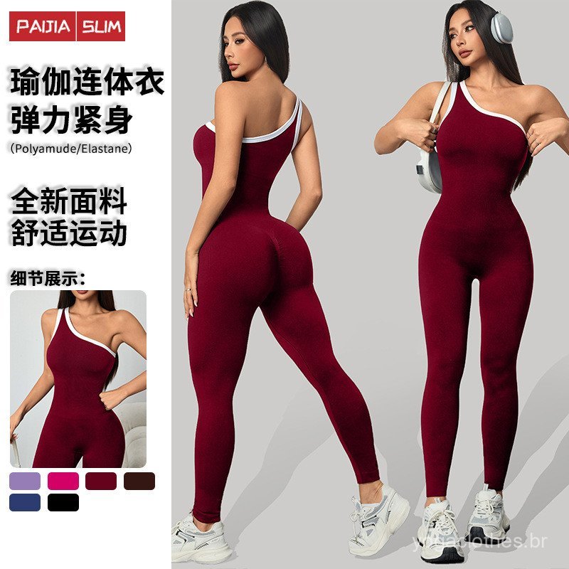 Venda quente europeu americano sem costura malha Yoga Wear um ombro contraste cor macacão esportes Fitness macacão de um